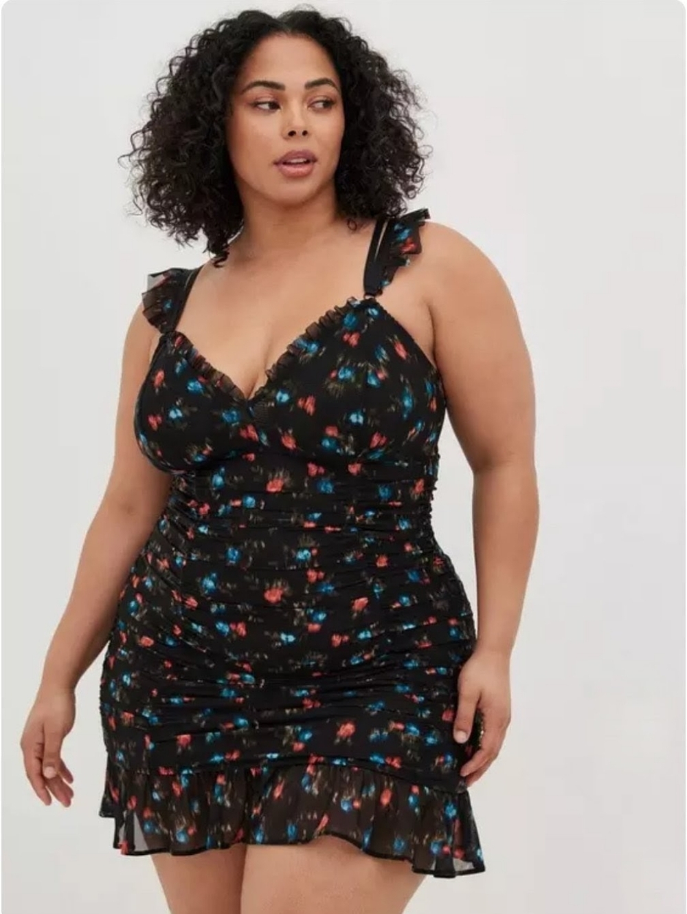 Torrid NWT Black Ruched Mesh Ruffle Chemise Sweet Okay Floral Size 1 1X